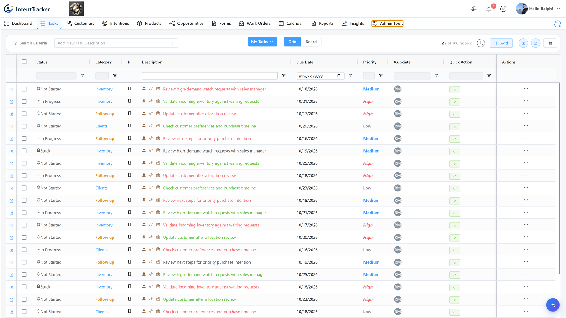 IntentTracker showing customer follow-up tasks and activities