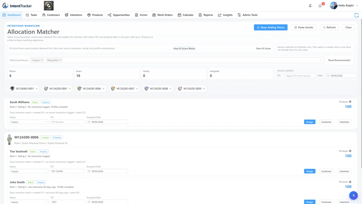Allocation Matcher showing incoming watches and matching customer requests