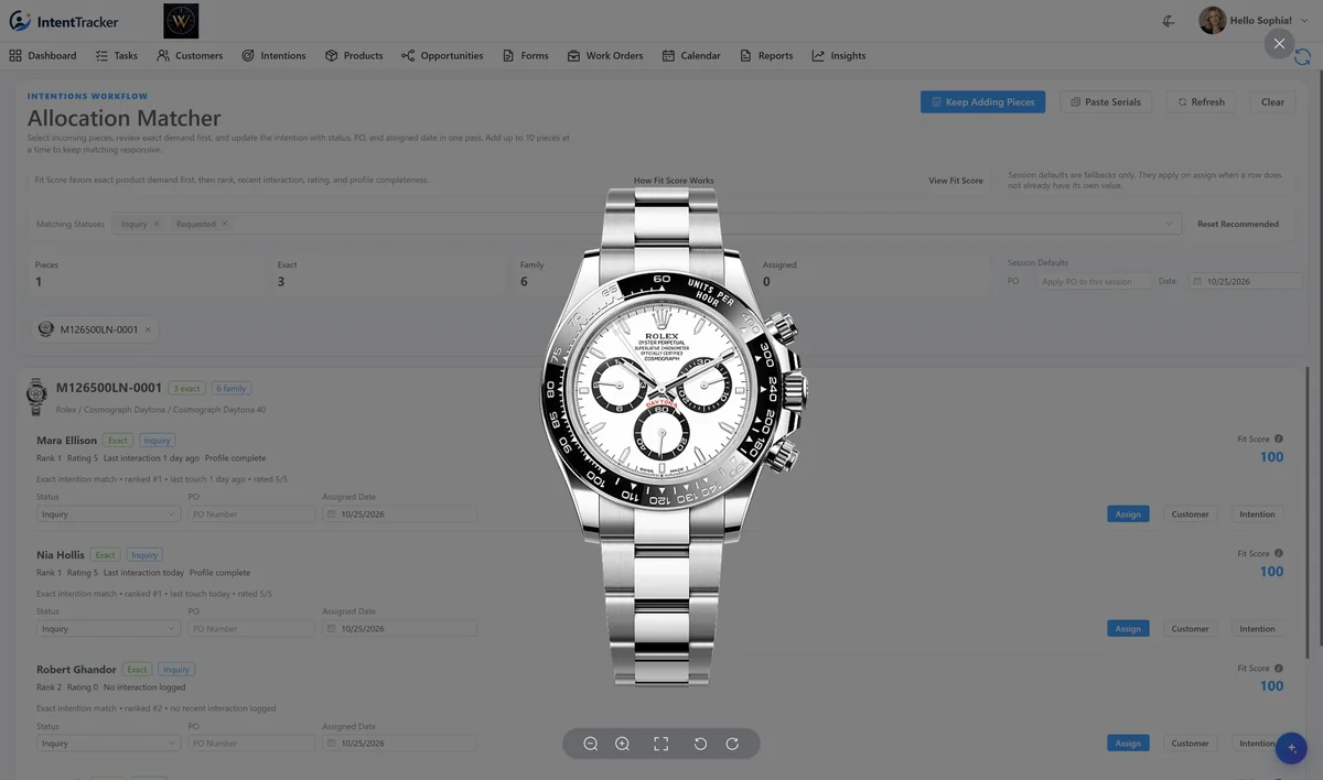 Allocation Matcher showing incoming watches and matching customer requests