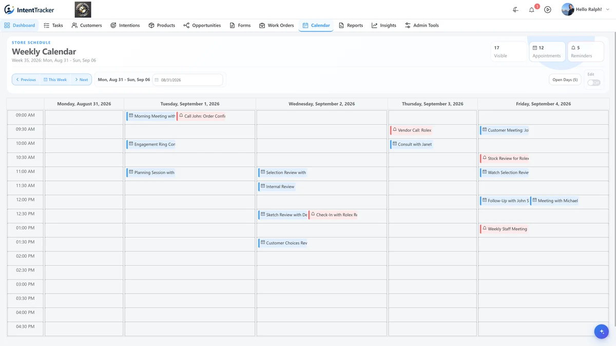 Weekly store calendar with appointments and follow-up reminders