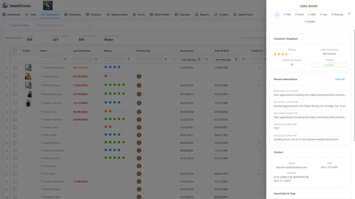 Customer brief with relationship rating, recent interactions, and contact details beside the customer list