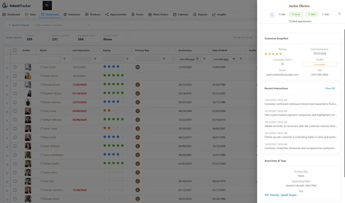 Customer brief with relationship rating, recent interactions, and contact details beside the customer list