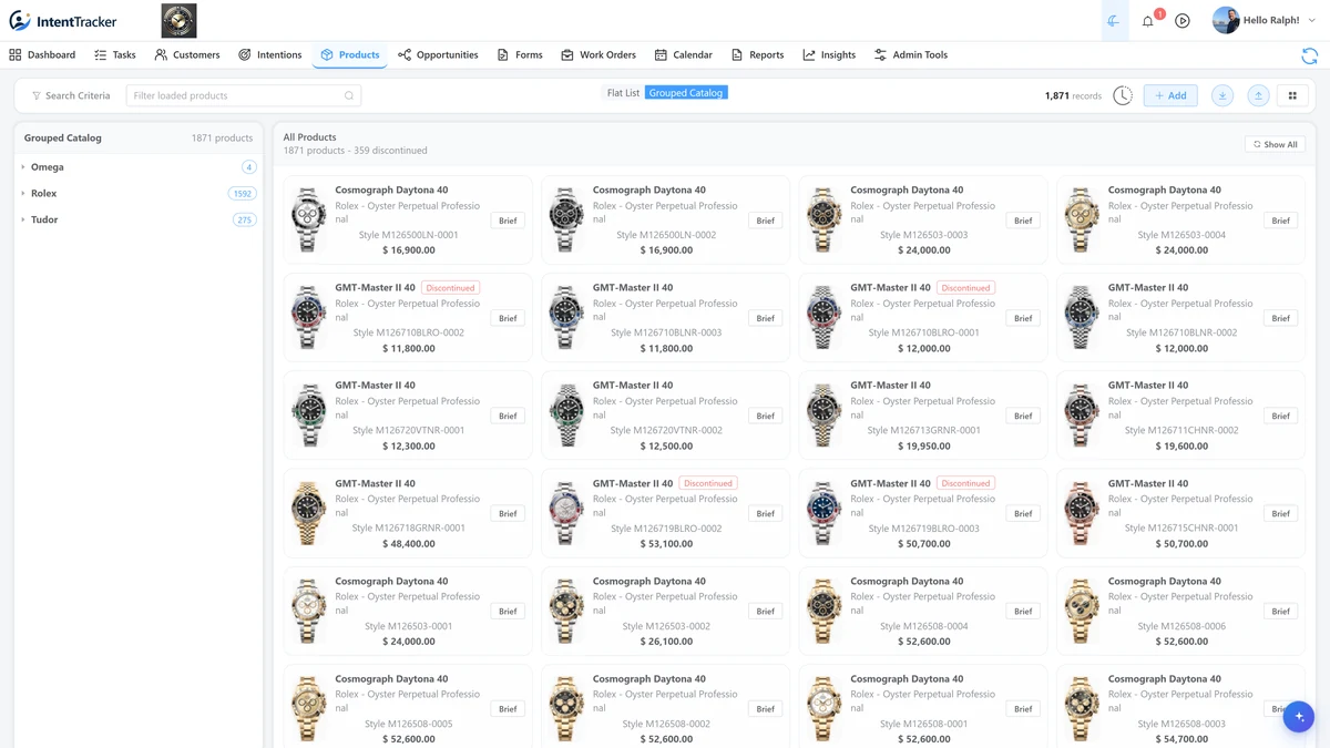 Grouped watch catalog with brand navigation, product images, reference numbers, and prices