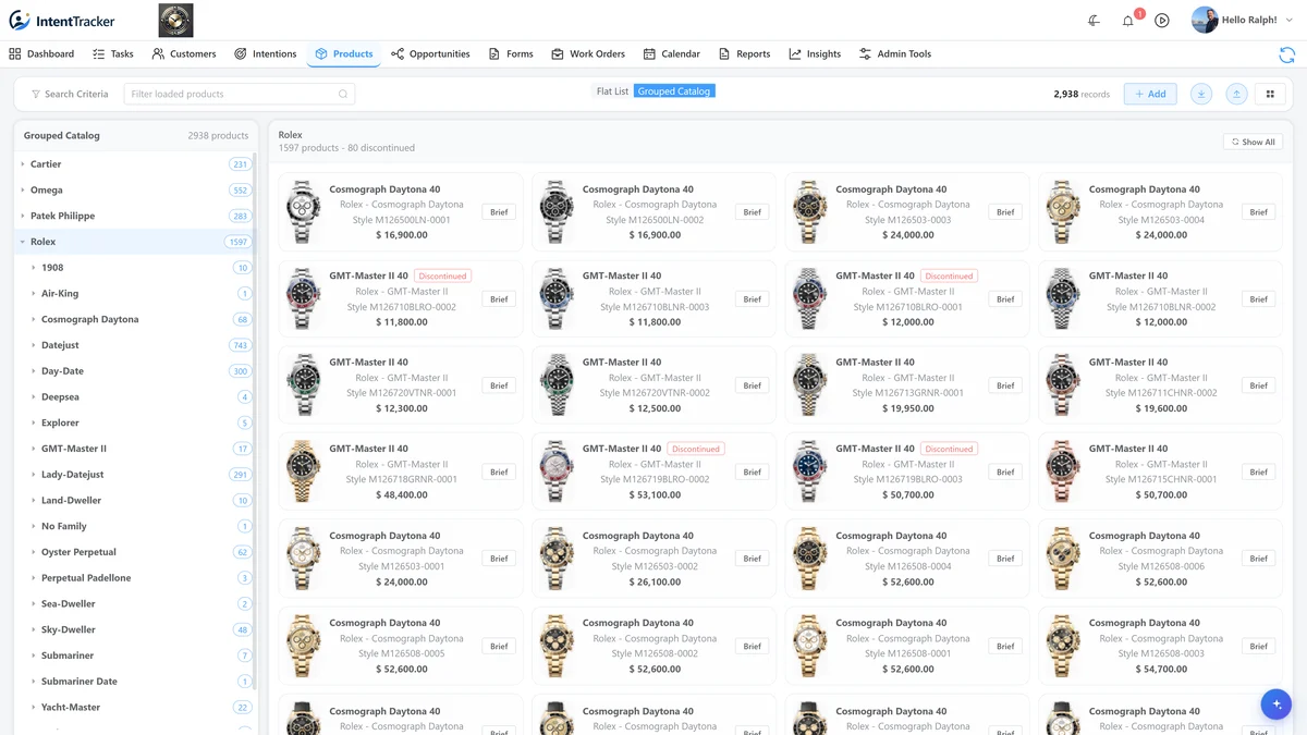 Grouped watch catalog with brand navigation, product images, reference numbers, and prices