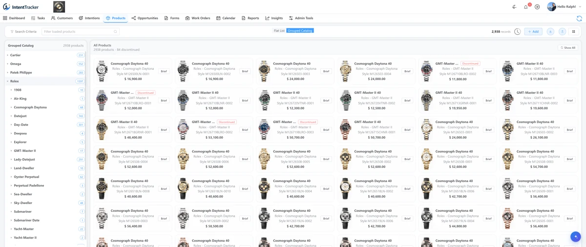 Grouped watch catalog with brand navigation, product images, reference numbers, and prices