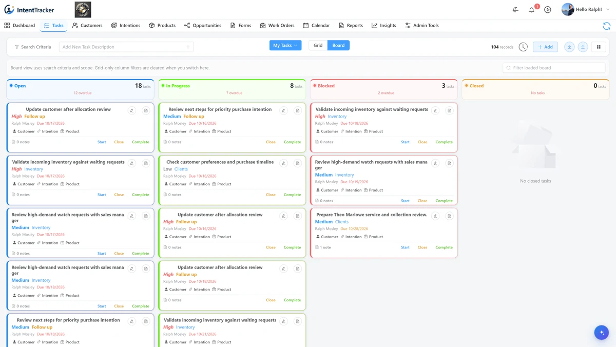 Task board organized by open, in-progress, blocked, and closed work