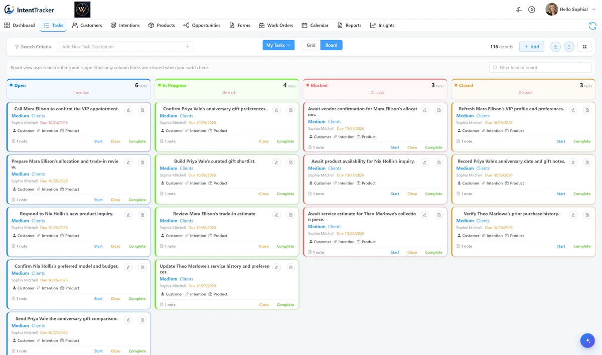 Task board organized by open, in-progress, blocked, and closed work